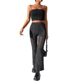 GORGLITTER Damskie Spodnie Imprezowe Błyszczące Przezroczyste Czarne M