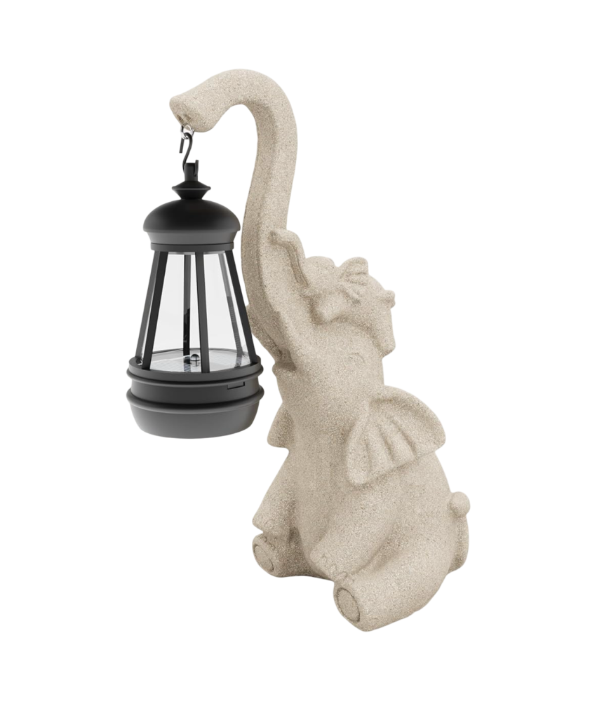 Figurka Żywiczna Ogrodowa z Lampą Solarną Rzeźba Zewnętrzna Słoń Beżowy