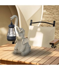 Figurka Żywiczna Ogrodowa z Lampą Solarną Rzeźba Zewnętrzna Słoń Beżowy