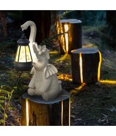 Figurka Żywiczna Ogrodowa z Lampą Solarną Rzeźba Zewnętrzna Słoń Beżowy