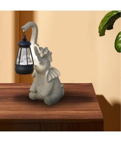 Figurka Żywiczna Ogrodowa z Lampą Solarną Rzeźba Zewnętrzna Słoń Beżowy