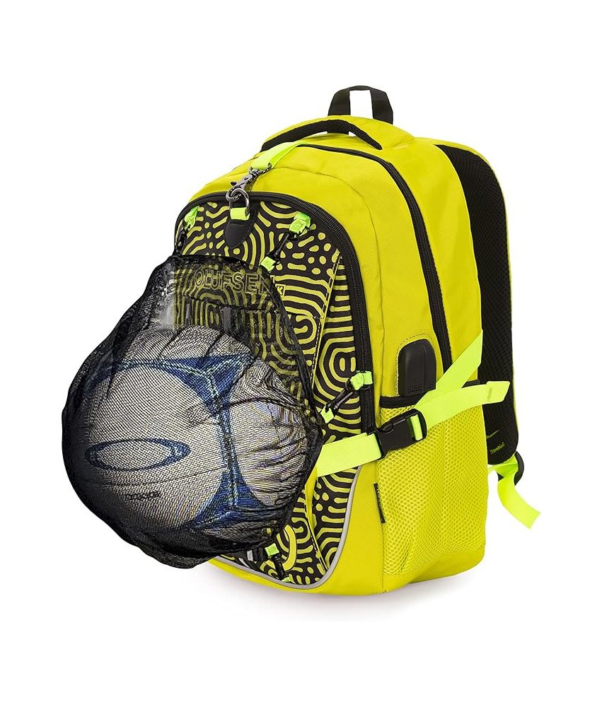 Plecak Dziecięcy Odpinana Siatka na Piłki Kaski Port USB Sportowy Żółty