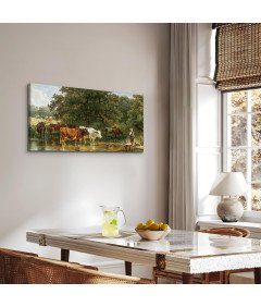 Obraz na Płótnie Krowy Piją Wodę 50x100 cm Duża Sztuka Ścienna Estetyczna