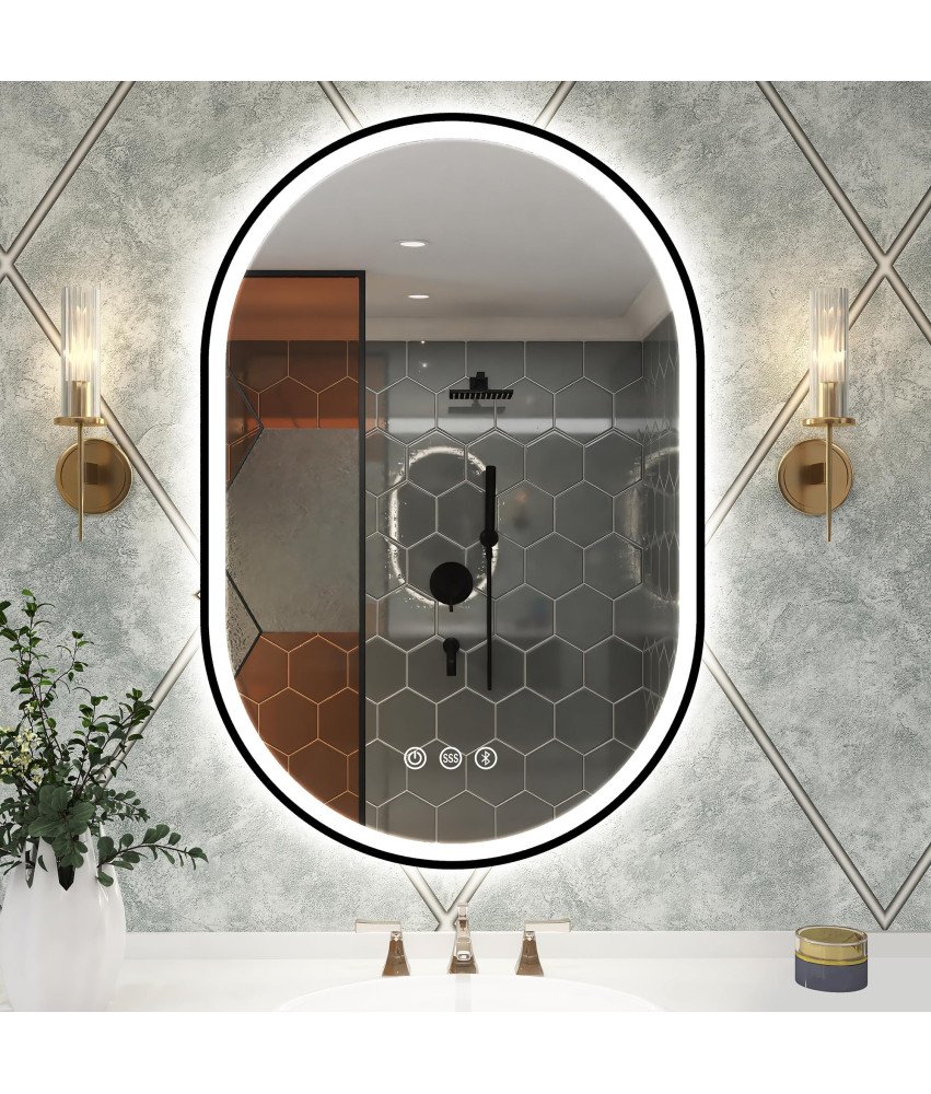 STARLEAD Lustro Łazienkowe Czarne Owalne LED Bluetooth Bezmgielne 90x60 cm
