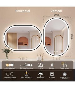 STARLEAD Lustro Łazienkowe Czarne Owalne LED Bluetooth Bezmgielne 90x60 cm