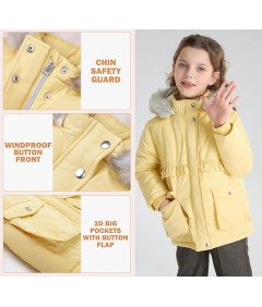 SOLOCOTE Kurtka Dziewczęca z Kapturem Zimowa Wodoodporna Żółta Dzieci 6 Lat