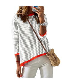 Damski Sweter w Paski Bawełna Okrągły Dekolt Ciepły Szary Biały Vintage M