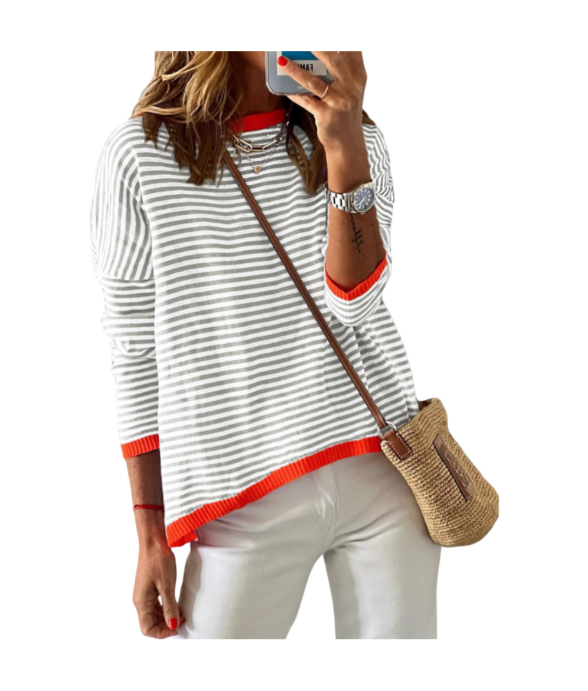 Damski Sweter w Paski Bawełna Okrągły Dekolt Ciepły Szary Biały Vintage M