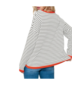 Damski Sweter w Paski Bawełna Okrągły Dekolt Ciepły Szary Biały Vintage M