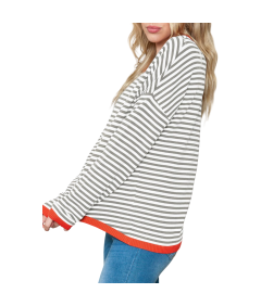 Damski Sweter w Paski Bawełna Okrągły Dekolt Ciepły Szary Biały Vintage M