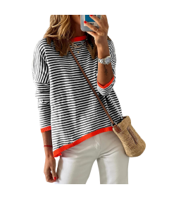 Damski Sweter w Paski Bawełna Okrągły Dekolt Ciepły Czarny Biały M