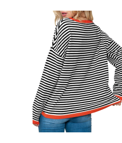 Damski Sweter w Paski Bawełna Okrągły Dekolt Ciepły Czarny Biały M