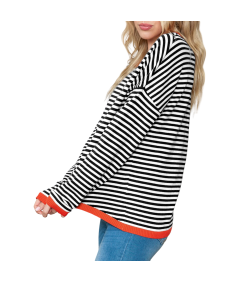 Damski Sweter w Paski Bawełna Okrągły Dekolt Ciepły Czarny Biały M