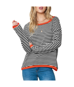 Damski Sweter w Paski Bawełna Okrągły Dekolt Ciepły Czarny Biały M