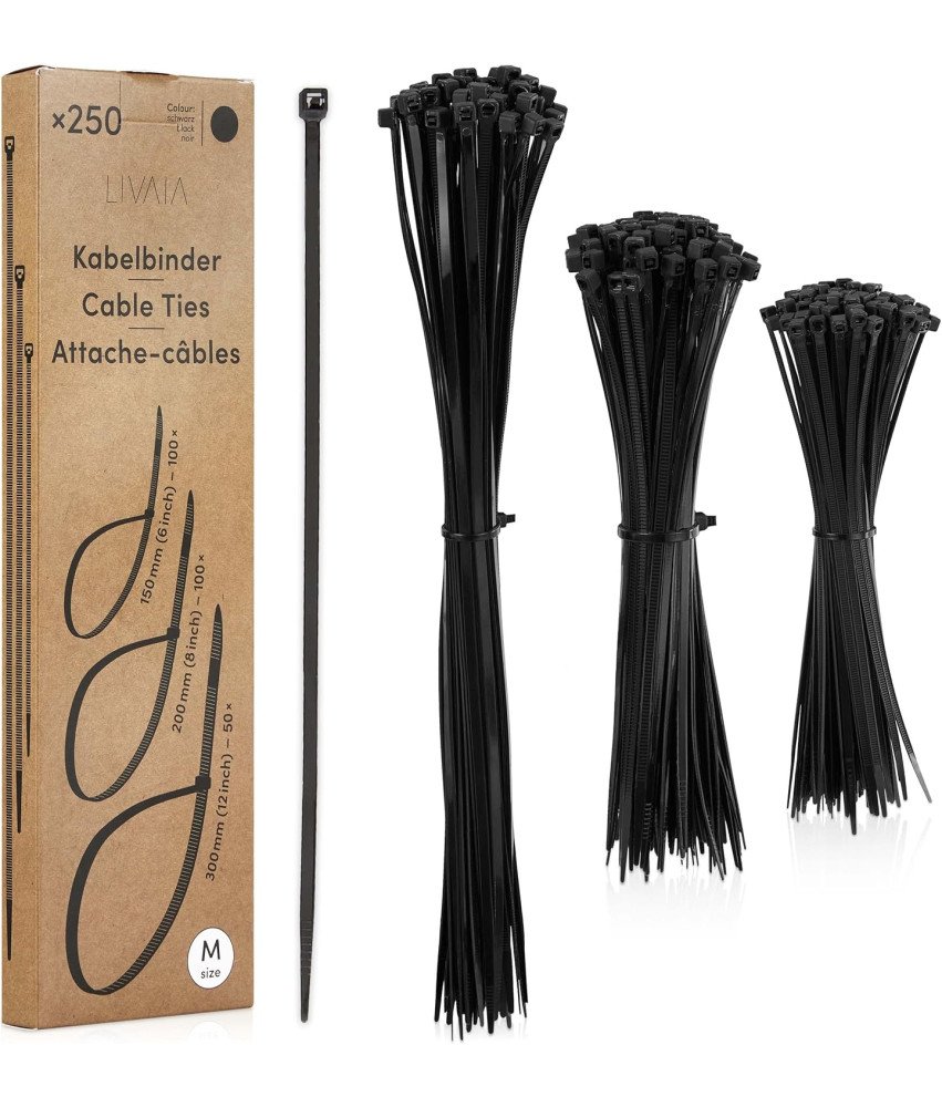 Trytytki Opaski Zaciskowe Zestaw 250 Sztuk 3 Rozmiary 150/200/300 mm Czarne