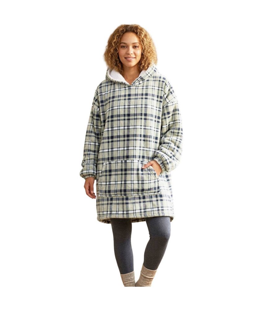 Koc Bluza Gruba Kocobluza Oversize z Kapturem Ciepła Miękka Szara w Kratkę