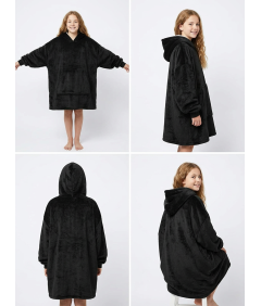 Koc Bluza 2w1 Kocobluza Oversize z Kapturem Ciepła Miękka Dziecięca Czarna