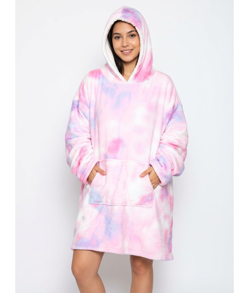 Koc Bluza Gruba Kocobluza Oversize z Kapturem Ciepła Miękka Sherpa Różowa