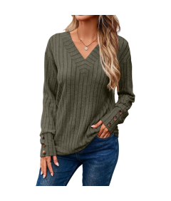 Damski Sweter z Długim Rękawem Dekolt w Serek Guziki Vintage Zielony M