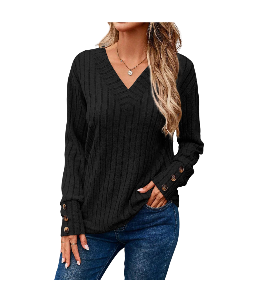 Damski Sweter z Długim Rękawem Dekolt w Serek Guziki Vintage Czarny S