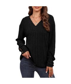 Damski Sweter z Długim Rękawem Dekolt w Serek Guziki Vintage Czarny S