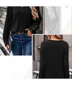 Damski Sweter z Długim Rękawem Dekolt w Serek Guziki Vintage Czarny S