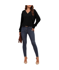 Damski Sweter z Długim Rękawem Dekolt w Serek Guziki Vintage Czarny S