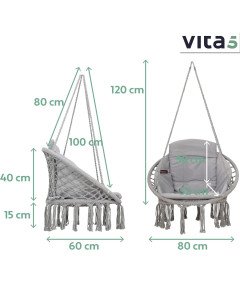 Fotel Wiszący Ogrodowy Szary 84 cm x 84 cm Zestaw Poduszka i Poszewka