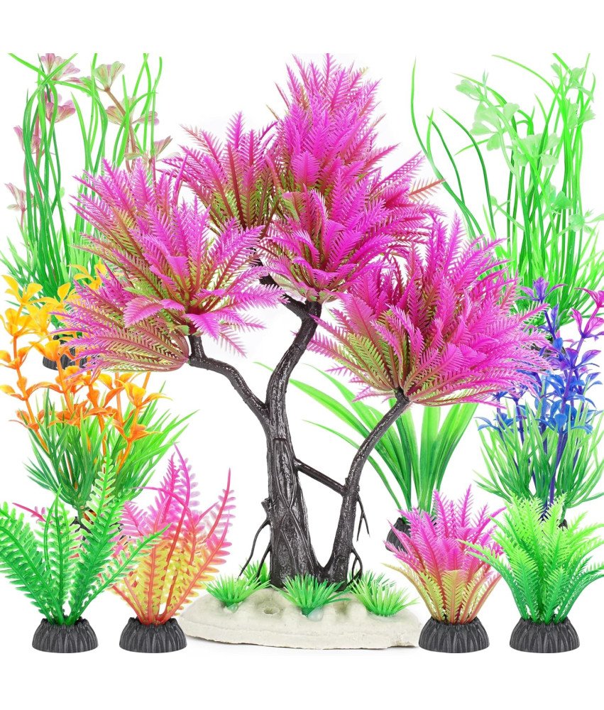 Drzewko do Akwarium Różowe Plastikowe Zestaw z Sztucznymi Krzakami