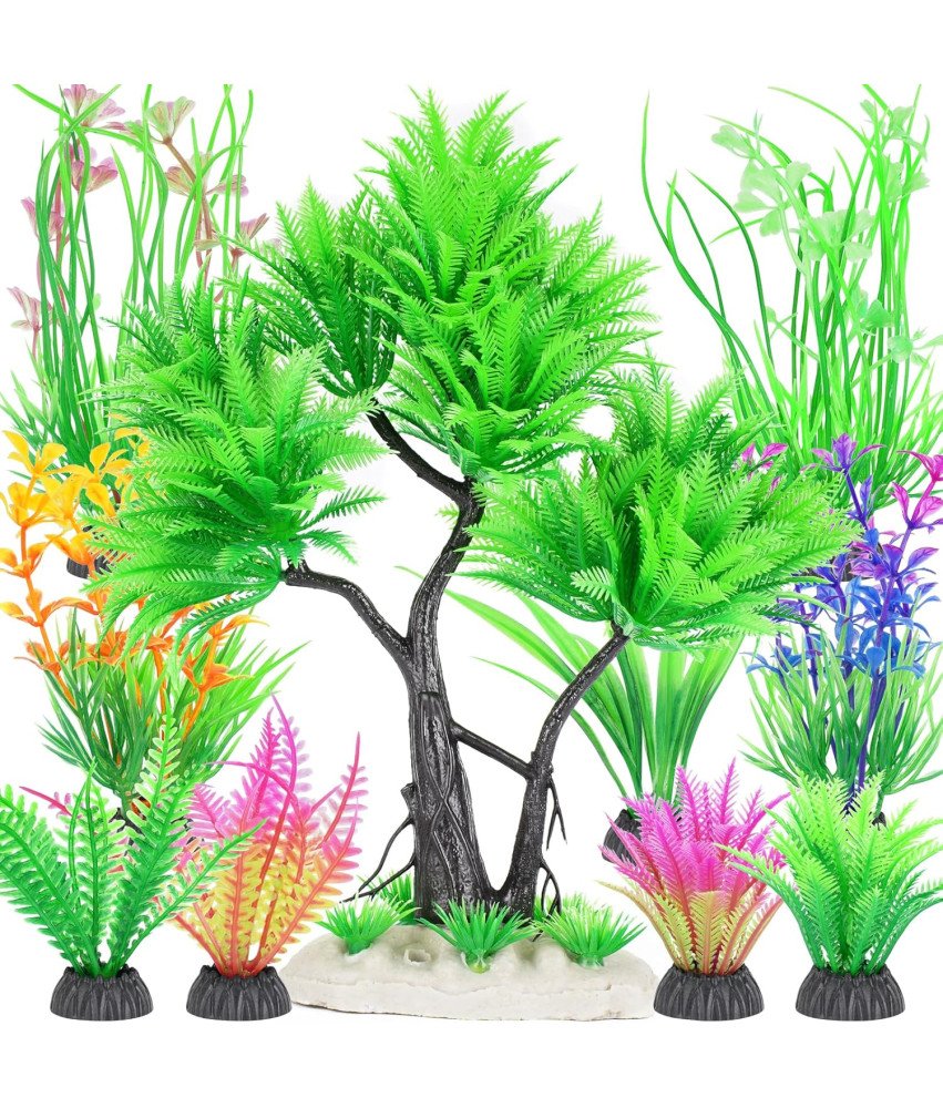 Drzewko do Akwarium Zielone Plastikowe Zestaw z Sztucznymi Krzakami