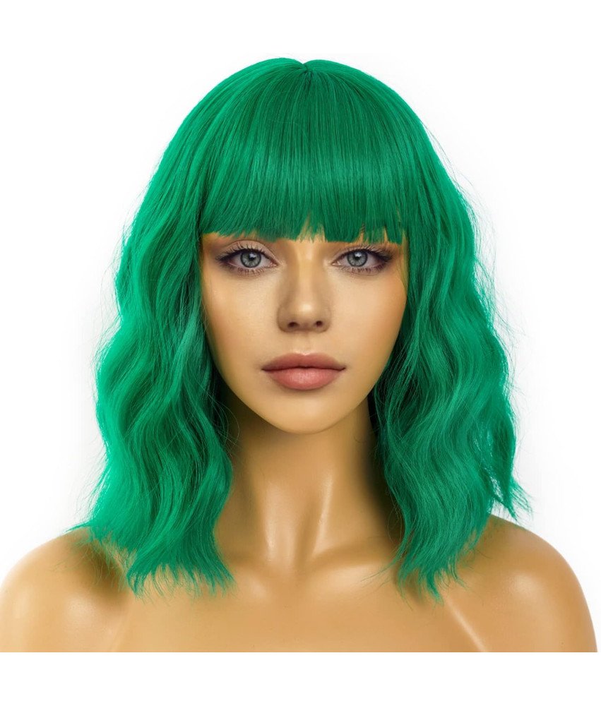 LANCAINI Peruka z Bangami Zielona Syntetyczna Krótka Falowana