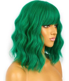LANCAINI Peruka z Bangami Zielona Syntetyczna Krótka Falowana