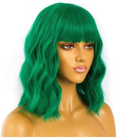 LANCAINI Peruka z Bangami Zielona Syntetyczna Krótka Falowana