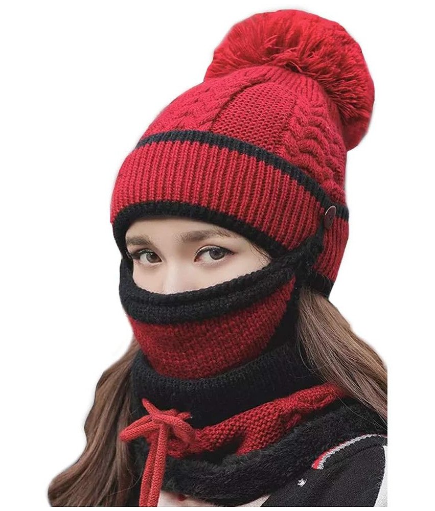 Kaxich Zimowy Zestaw 3w1 Czapka Szalik i Maska z Dzianiny Ciepły Czerwony