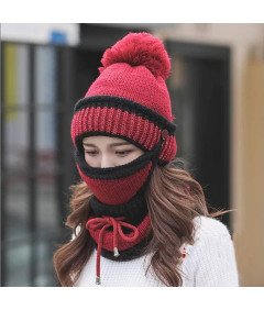 Kaxich Zimowy Zestaw 3w1 Czapka Szalik i Maska z Dzianiny Ciepły Czerwony