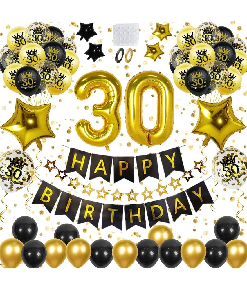 30. rojstni dan Dekoracija Set črni in zlati baloni Konfeti Banner