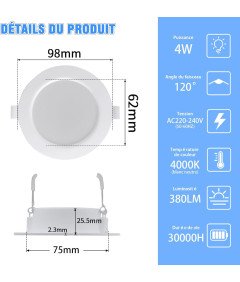 Komplet LED ploščatih reflektorjev 4W 380 lm 4000K IP44 bela 6 kosov