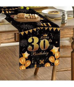 Dekoracja Stołu na Przyjęcie 30 Urodziny  Czarny Złoty 40x140 cm