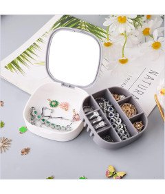 Mała Przenośna Szkatułka na Biżuterię z Lusterkiem Szara 10cm x 10cm