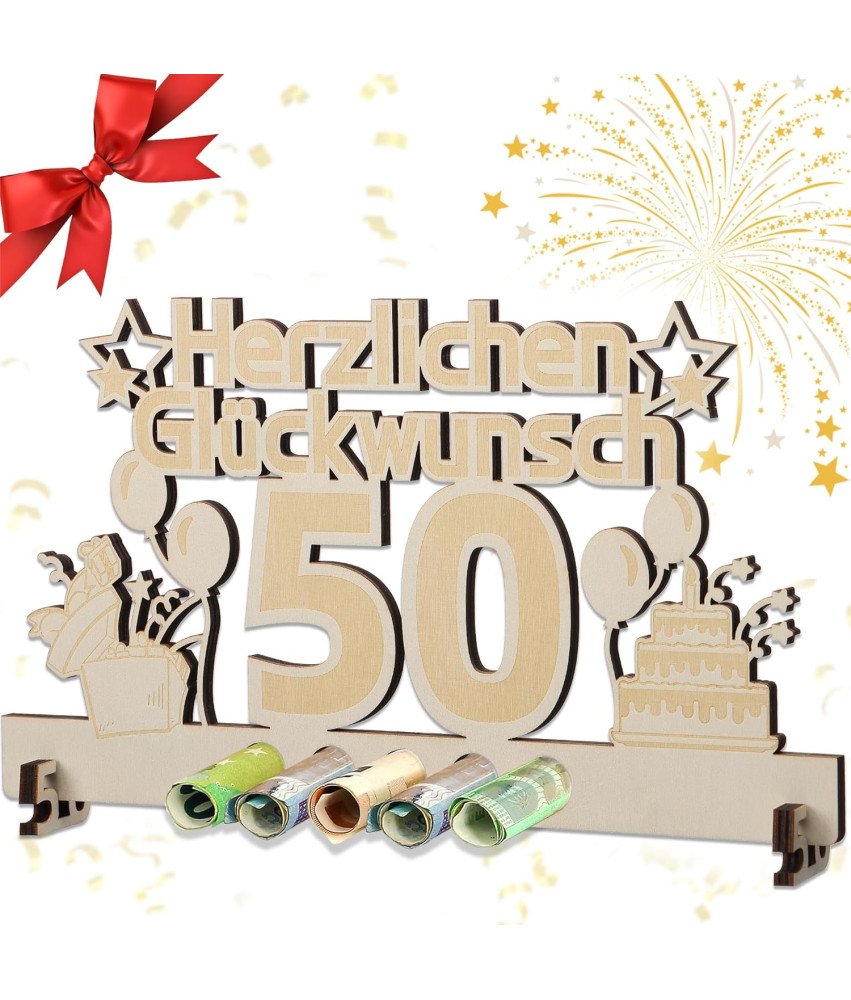 Drewniany Prezent na 50 Urodziny z Miejscem na Banknoty 30x16.5cm